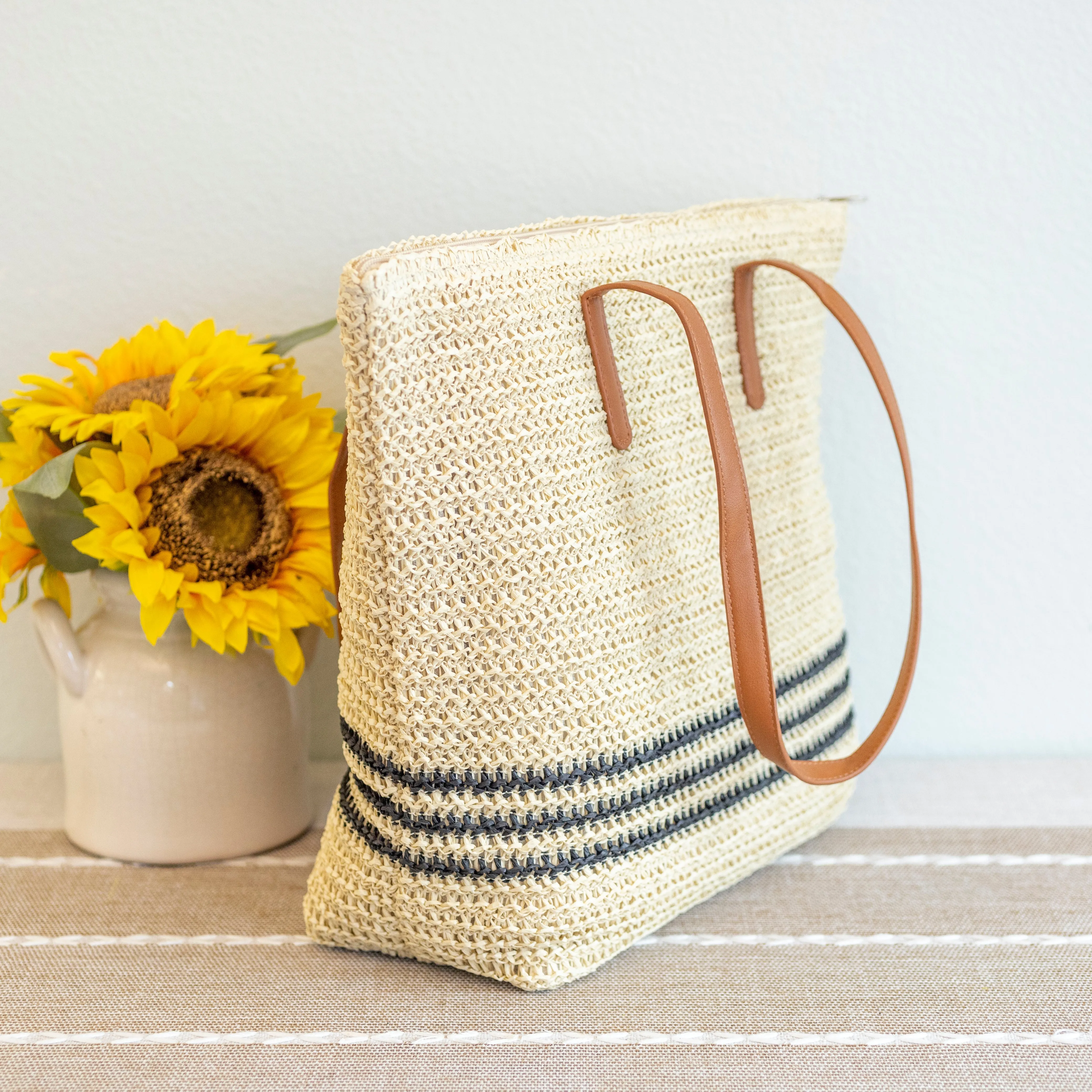 Elena Handbags Striped Large Straw Woven Tote
