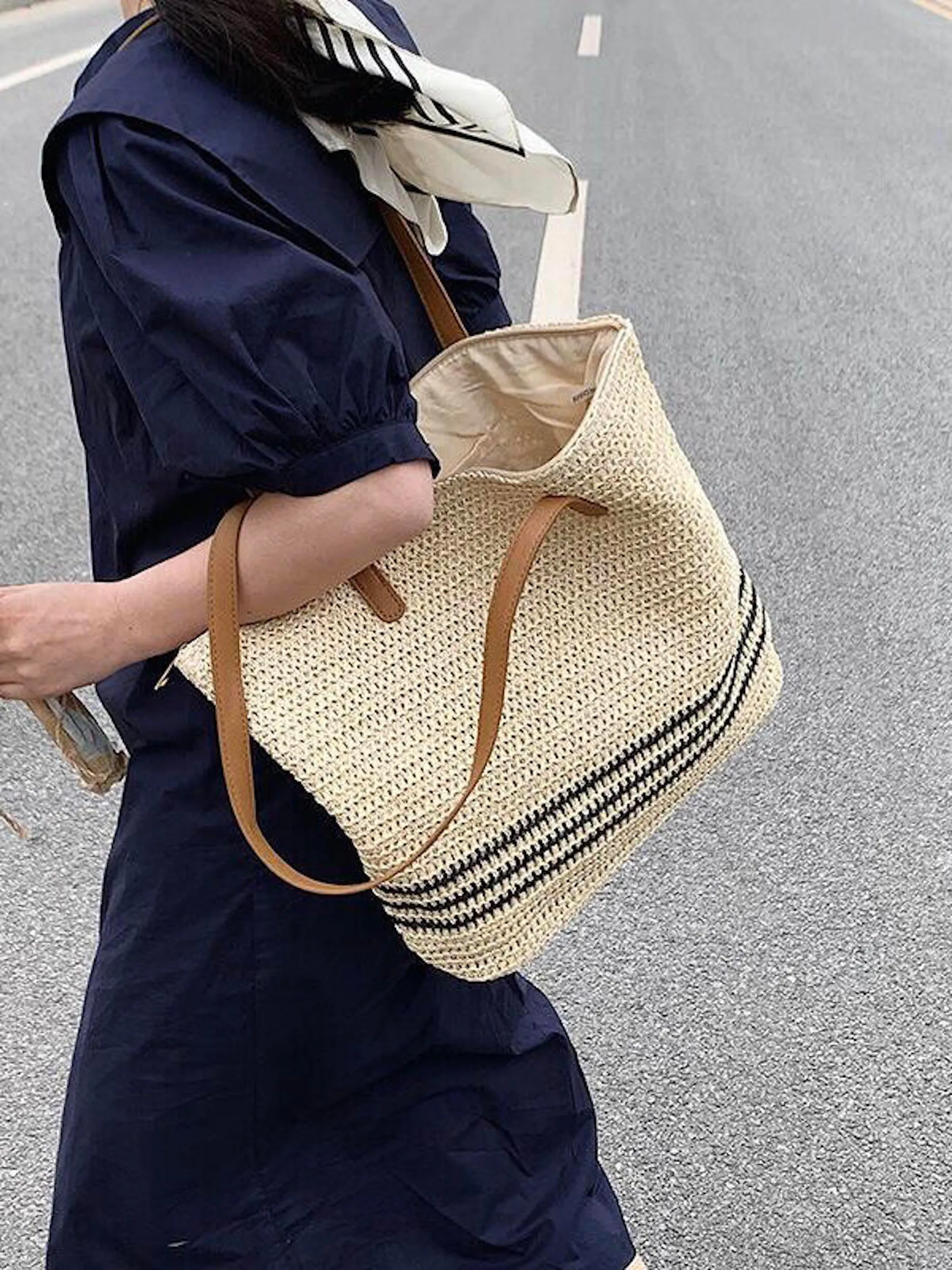 Elena Handbags Striped Large Straw Woven Tote