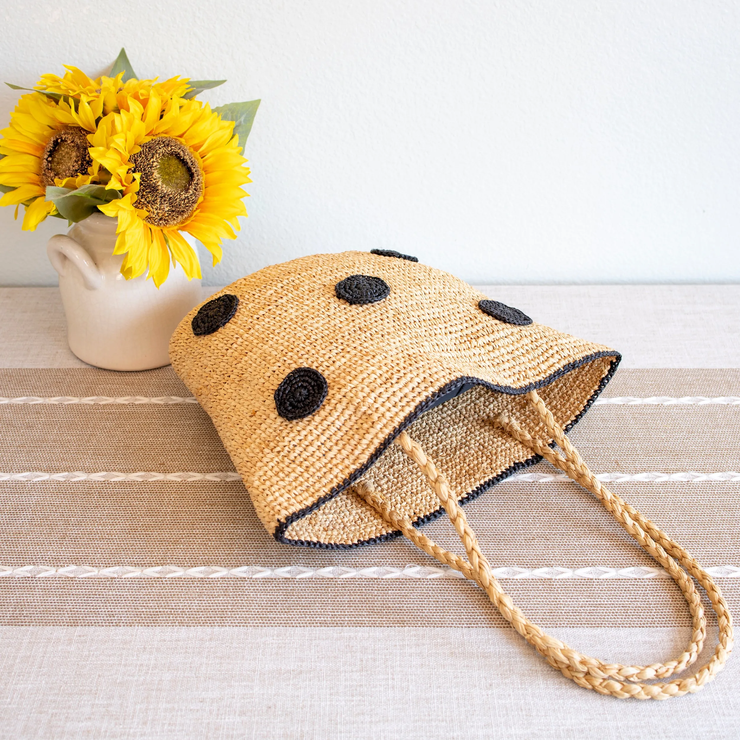 Elena Handbags Women's Polka Dot Design Raffia Woven Summer Straw Tote
