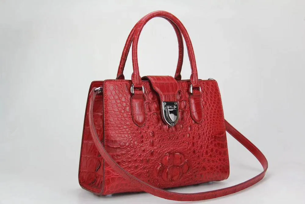 Genuine Crocodile Leather Top Handle Tote Handle Bag Red