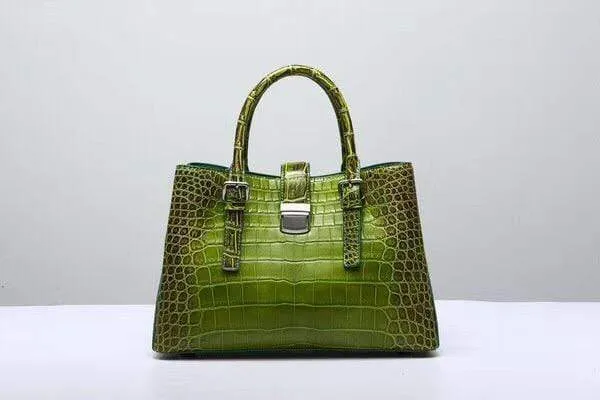 Genuine  Crocodile Leather Top Handle Tote  Shoulder Bag  Vintage Green