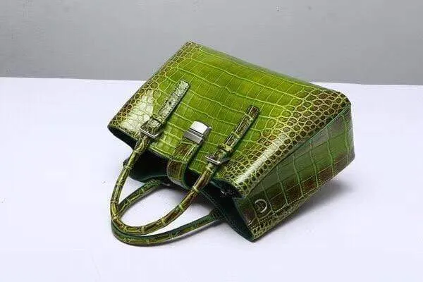 Genuine  Crocodile Leather Top Handle Tote  Shoulder Bag  Vintage Green