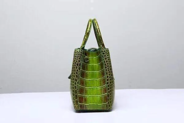 Genuine  Crocodile Leather Top Handle Tote  Shoulder Bag  Vintage Green