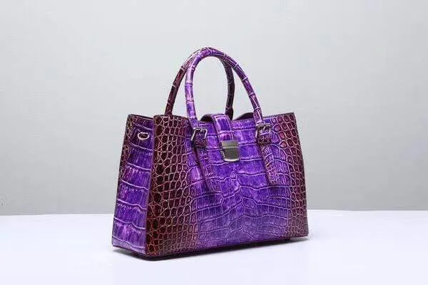 Genuine  Crocodile Leather Top Handle Tote  Shoulder Bag Vintage Purple