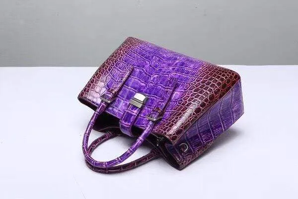 Genuine  Crocodile Leather Top Handle Tote  Shoulder Bag Vintage Purple