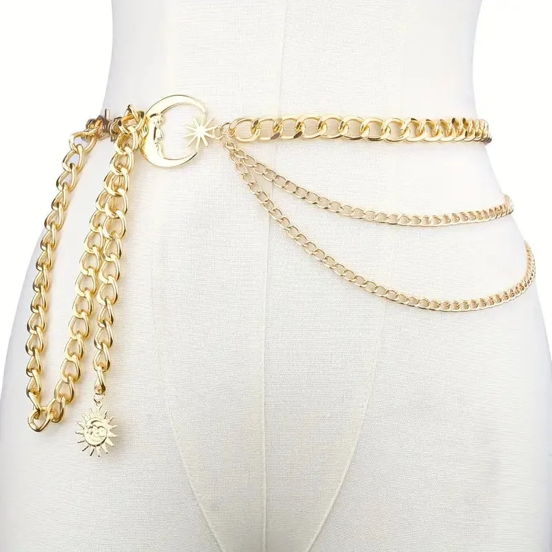 Moon Star Chain Belt - Adjustable Hip Hop Vintage Body Jewelry with Hollow Tassel Details