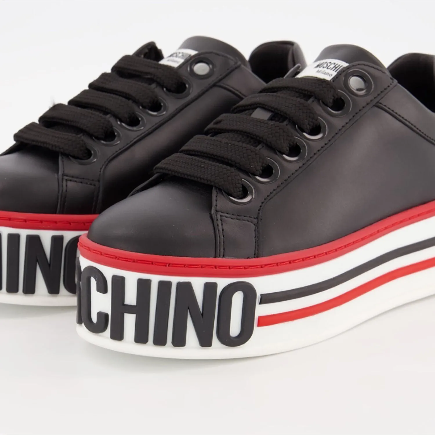MOSCHINO MILANO  Black Leather Cassetta Trainers logo-embossed platform sneakers