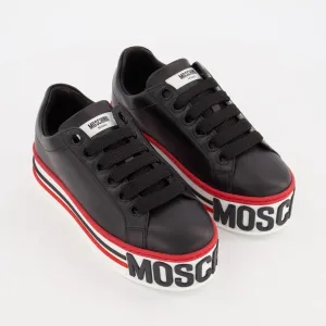 MOSCHINO MILANO  Black Leather Cassetta Trainers logo-embossed platform sneakers