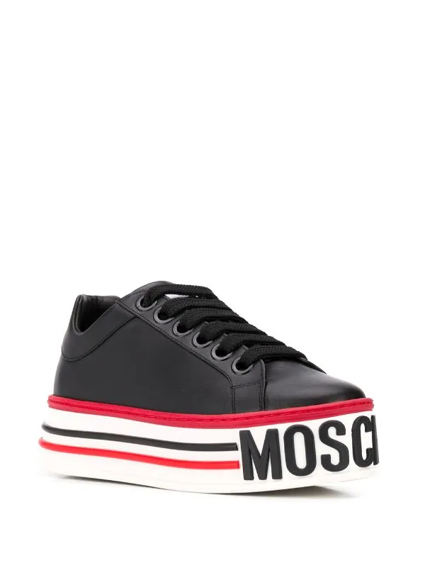 MOSCHINO MILANO  Black Leather Cassetta Trainers logo-embossed platform sneakers