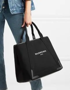 Navy Cabas M Leather Trim Canvas Tote, Black