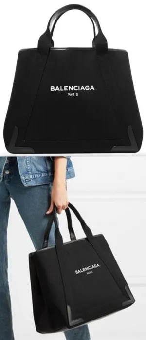 Navy Cabas M Leather Trim Canvas Tote, Black