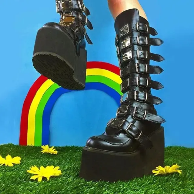 New Gothic Knee High Platform Wedge High Heels
