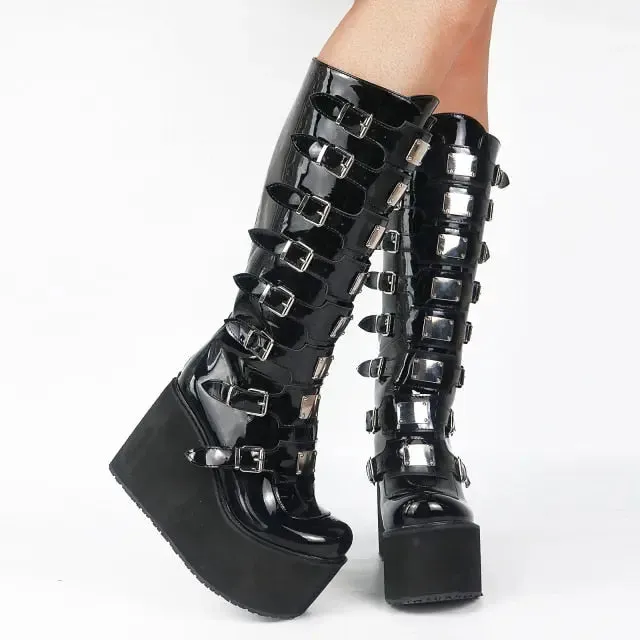 New Gothic Knee High Platform Wedge High Heels