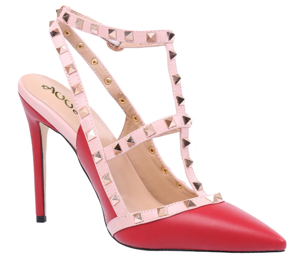 Pointed Toe 10cm Red High Heels Glitter Gold Studs Dress Party Pumps for Woman