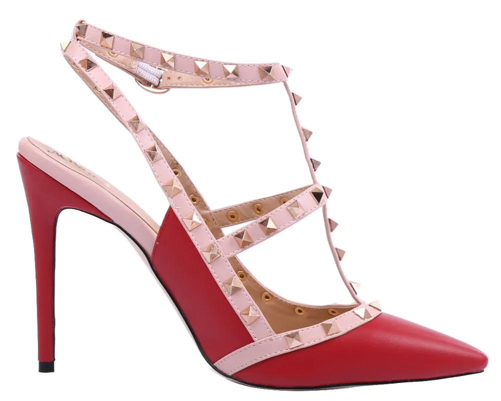 Pointed Toe 10cm Red High Heels Glitter Gold Studs Dress Party Pumps for Woman