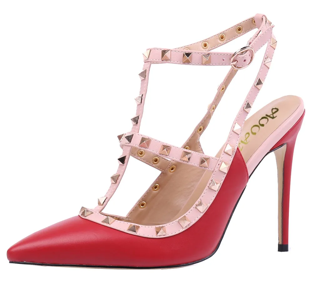 Pointed Toe 10cm Red High Heels Glitter Gold Studs Dress Party Pumps for Woman