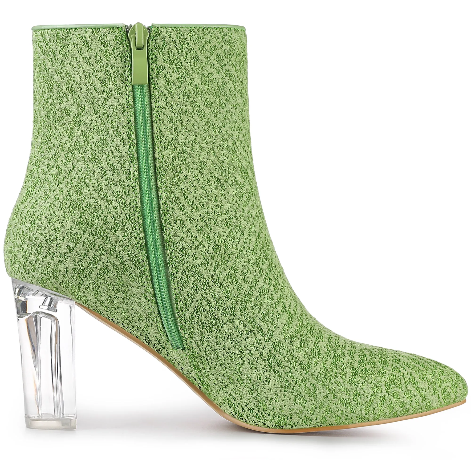 Pointed Toe Clear Block Heel Glitter Ankle Boots