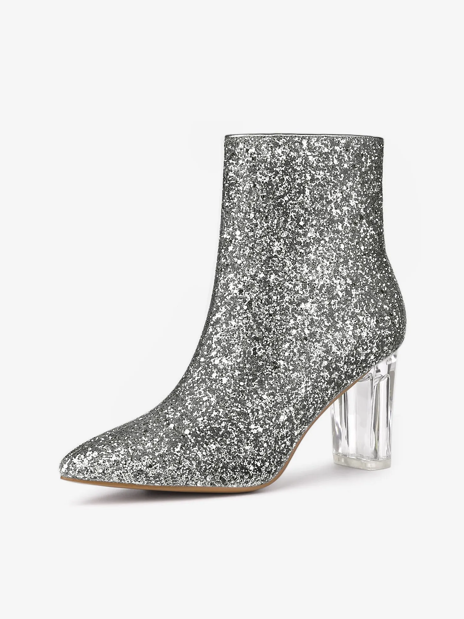 Pointed Toe Clear Block Heel Glitter Ankle Boots
