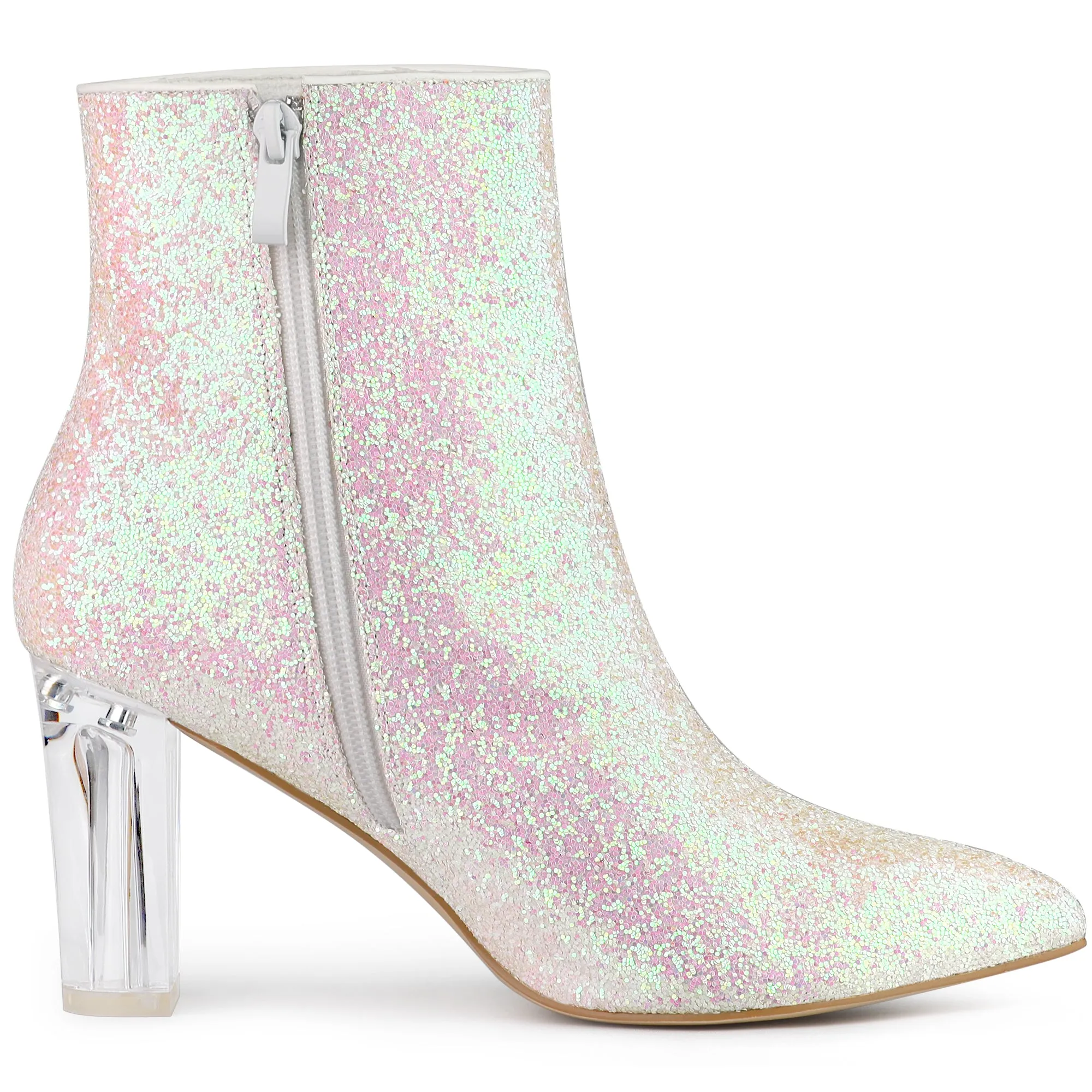 Pointed Toe Clear Block Heel Glitter Ankle Boots