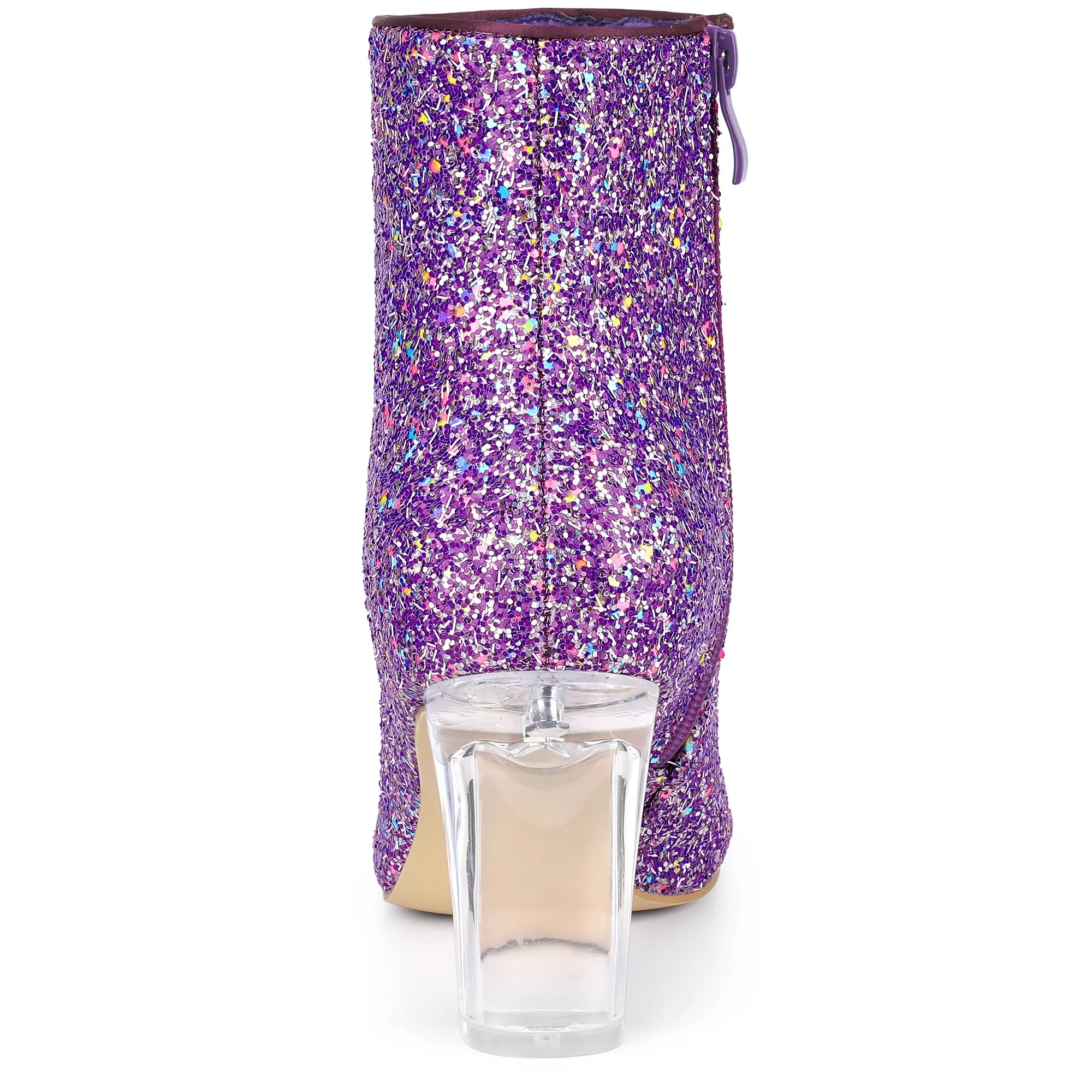 Pointed Toe Clear Block Heel Glitter Ankle Boots