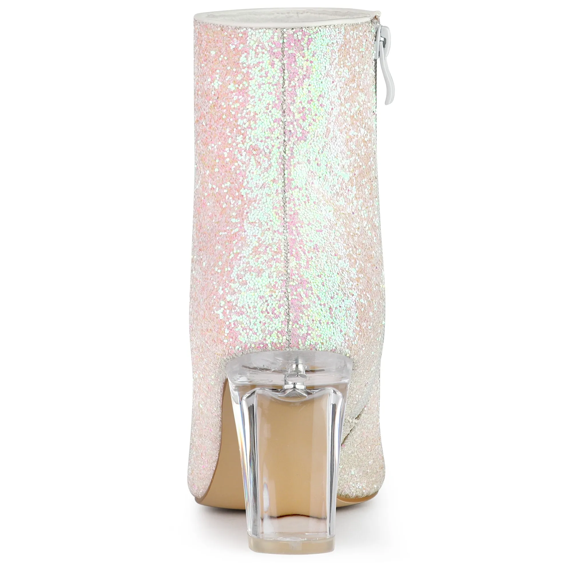 Pointed Toe Clear Block Heel Glitter Ankle Boots