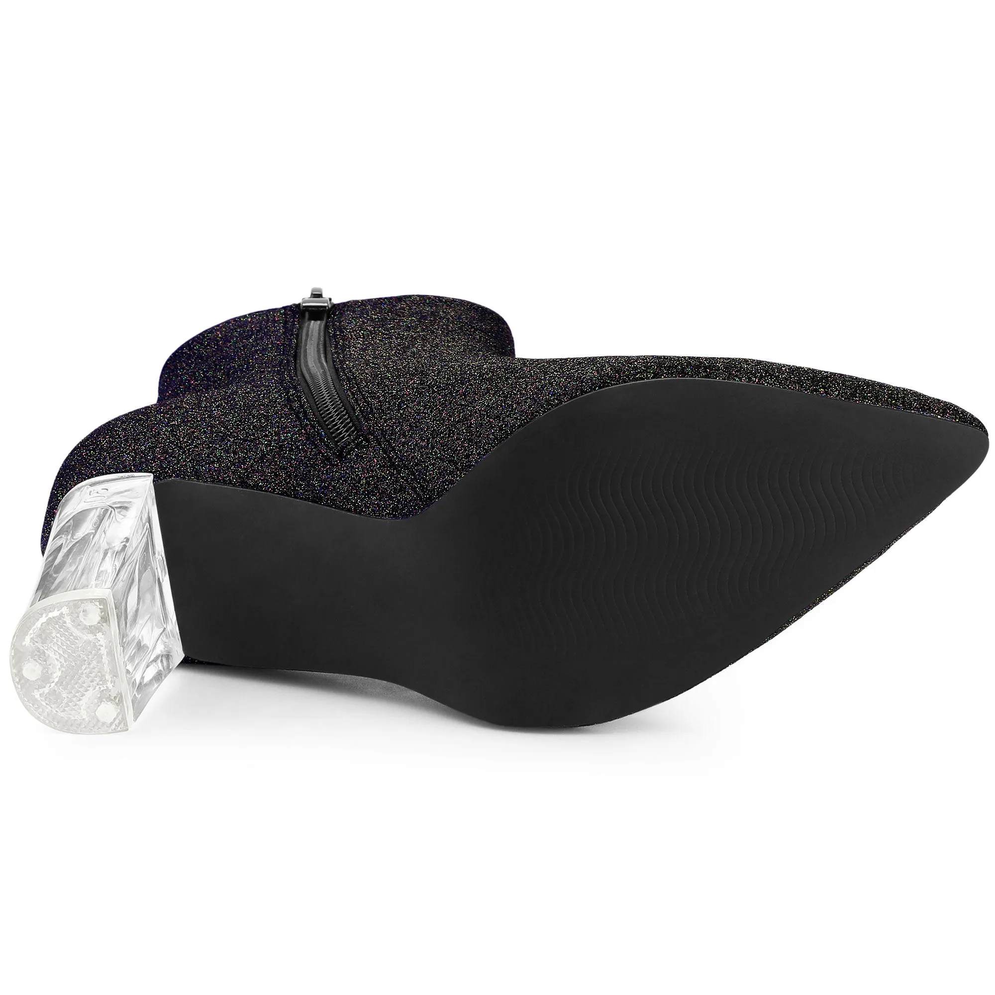 Pointed Toe Clear Block Heel Glitter Ankle Boots