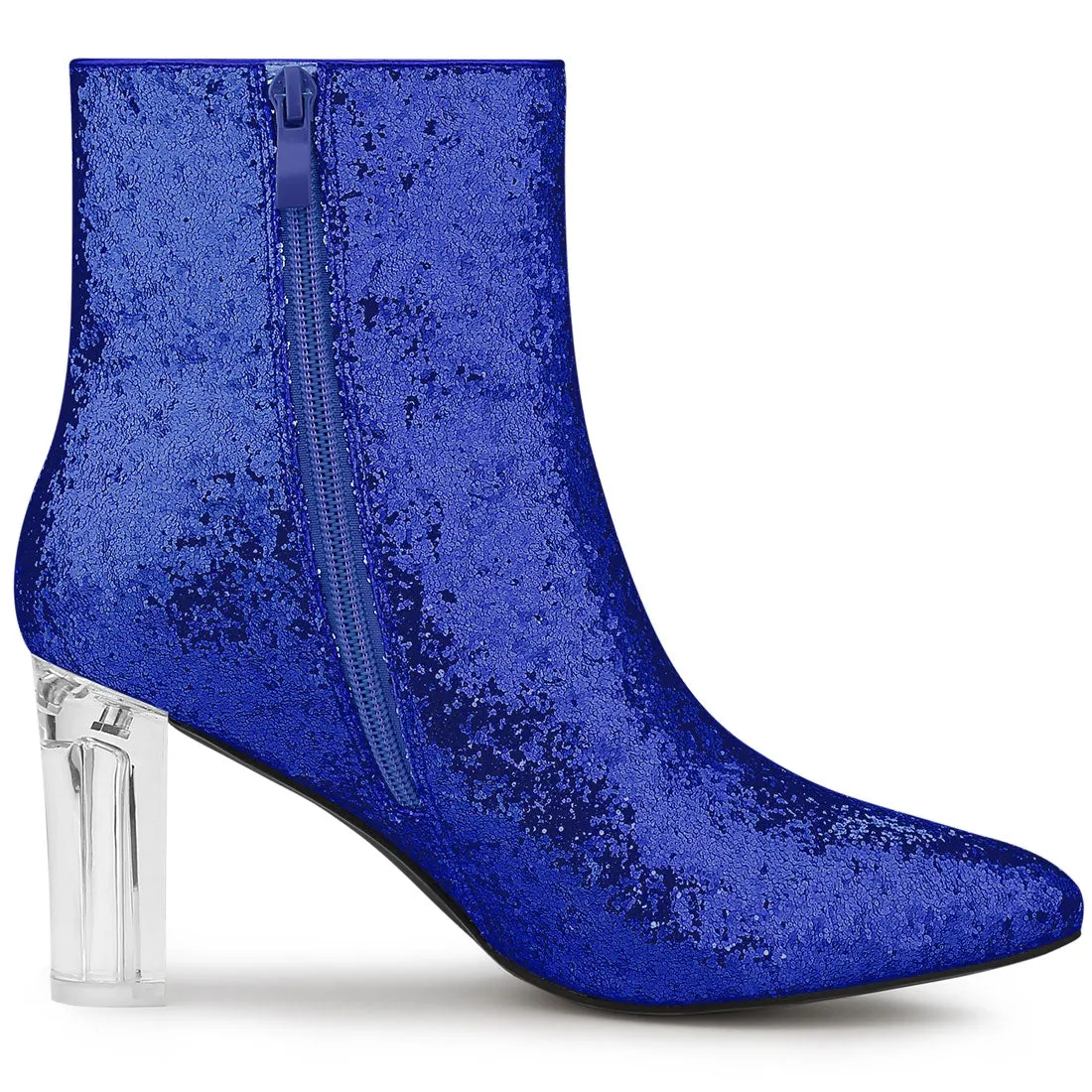 Pointed Toe Clear Block Heel Glitter Ankle Boots