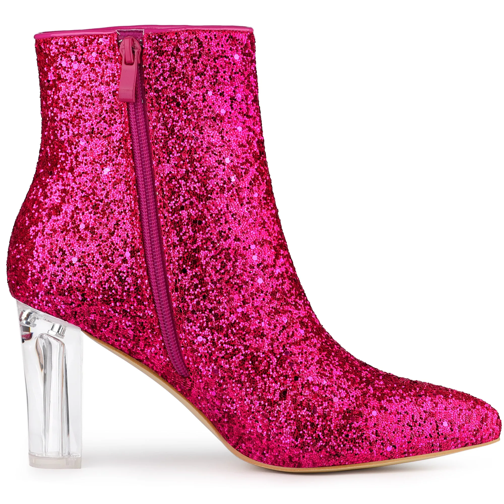 Pointed Toe Clear Block Heel Glitter Ankle Boots