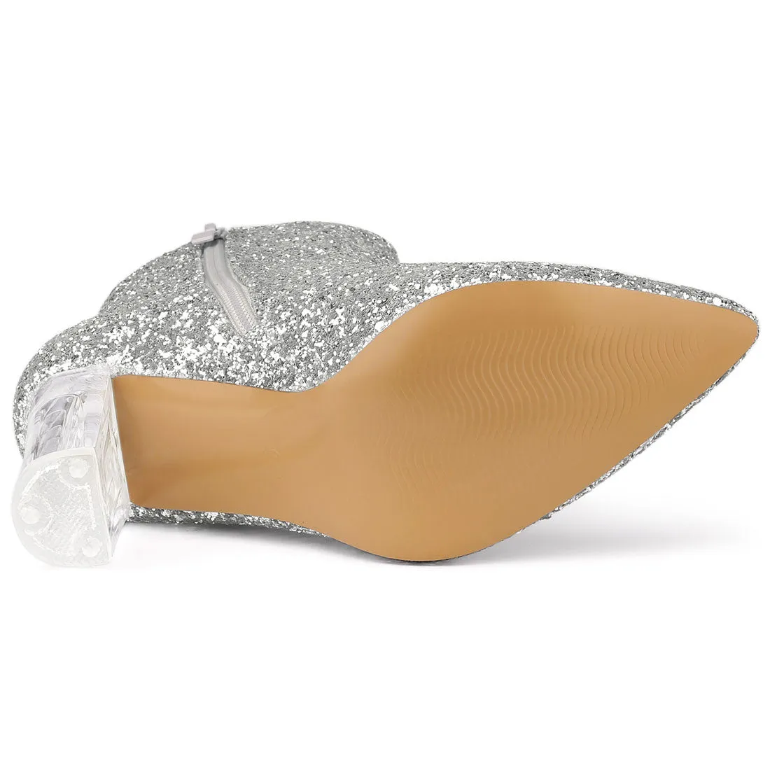 Pointed Toe Clear Block Heel Glitter Ankle Boots