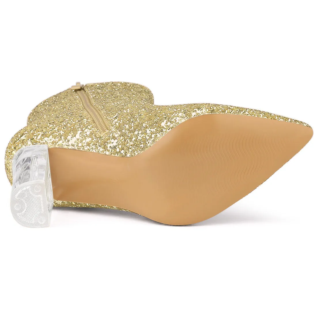 Pointed Toe Clear Block Heel Glitter Ankle Boots