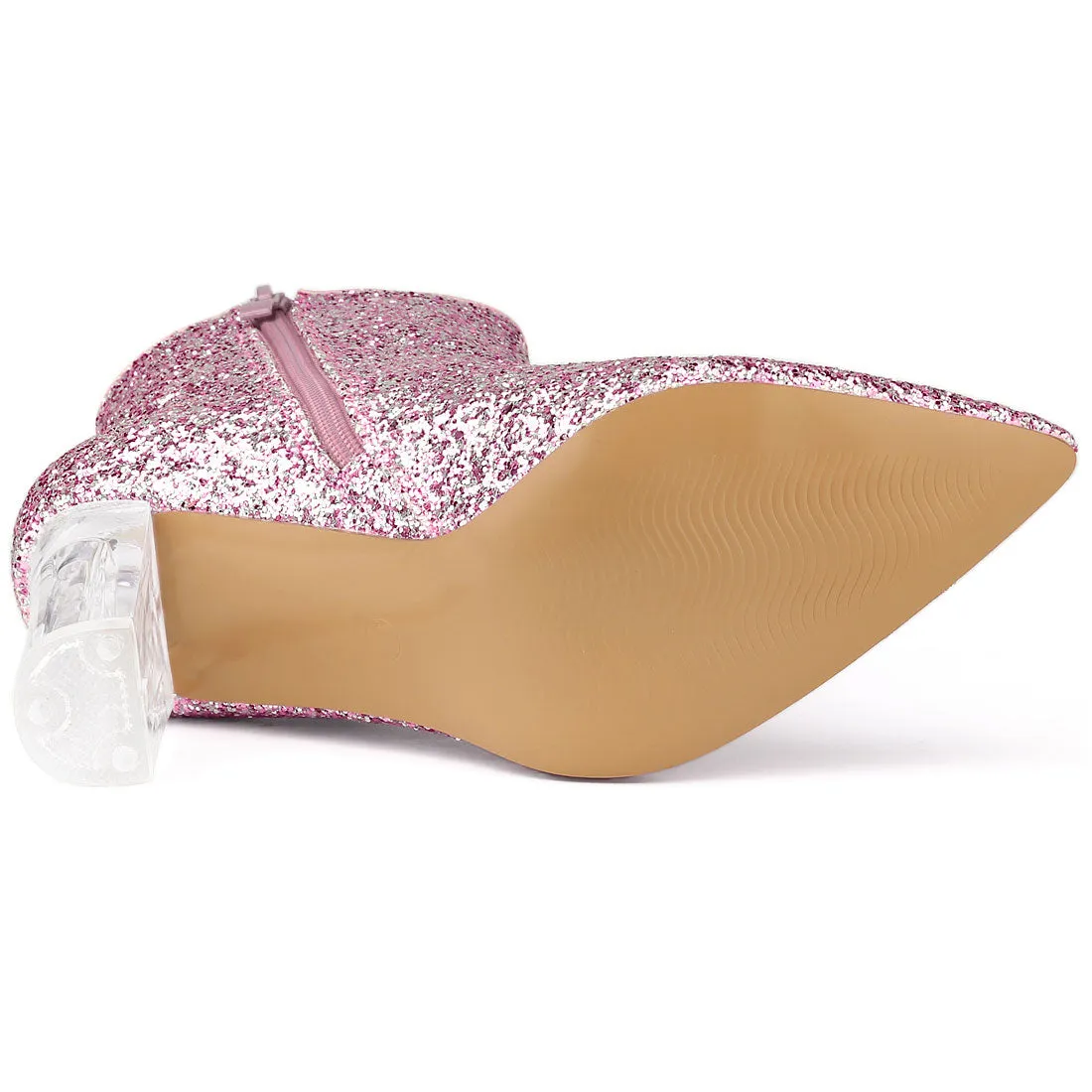 Pointed Toe Clear Block Heel Glitter Ankle Boots