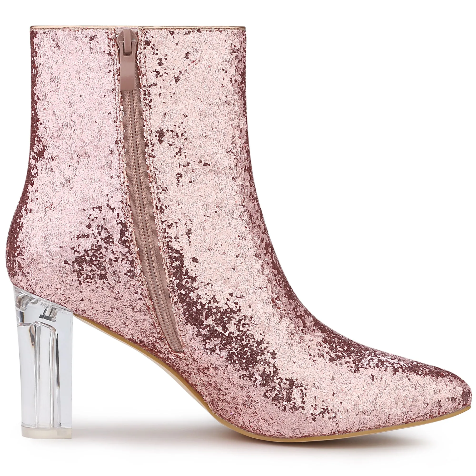 Pointed Toe Clear Block Heel Glitter Ankle Boots