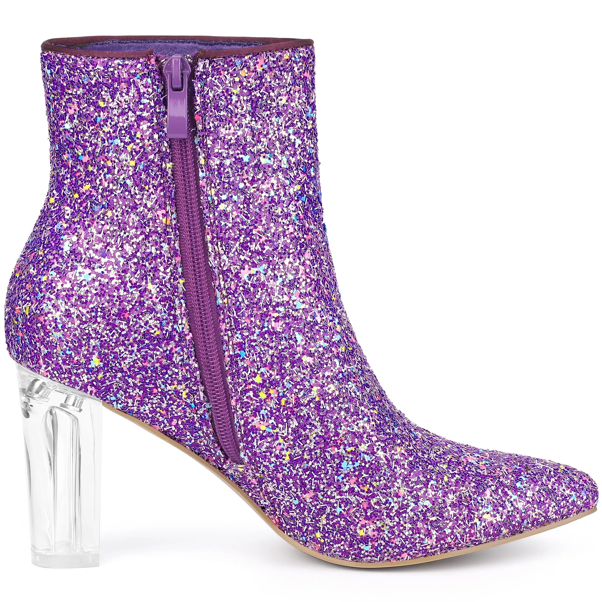 Pointed Toe Clear Block Heel Glitter Ankle Boots