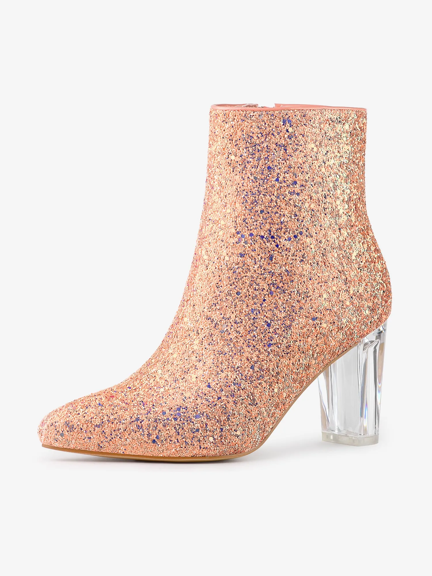 Pointed Toe Clear Block Heel Glitter Ankle Boots