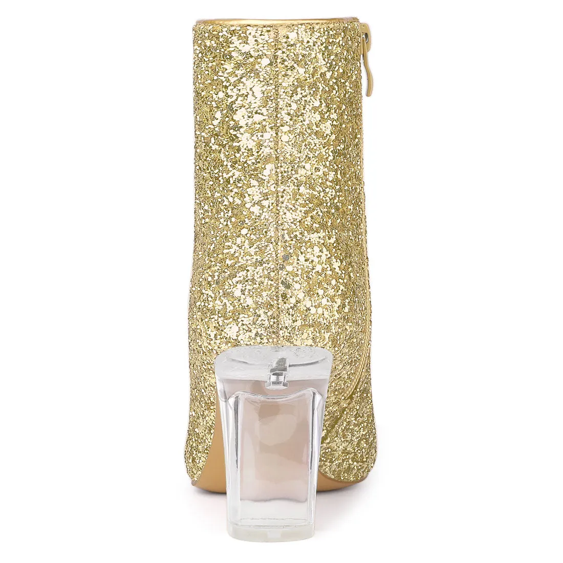 Pointed Toe Clear Block Heel Glitter Ankle Boots