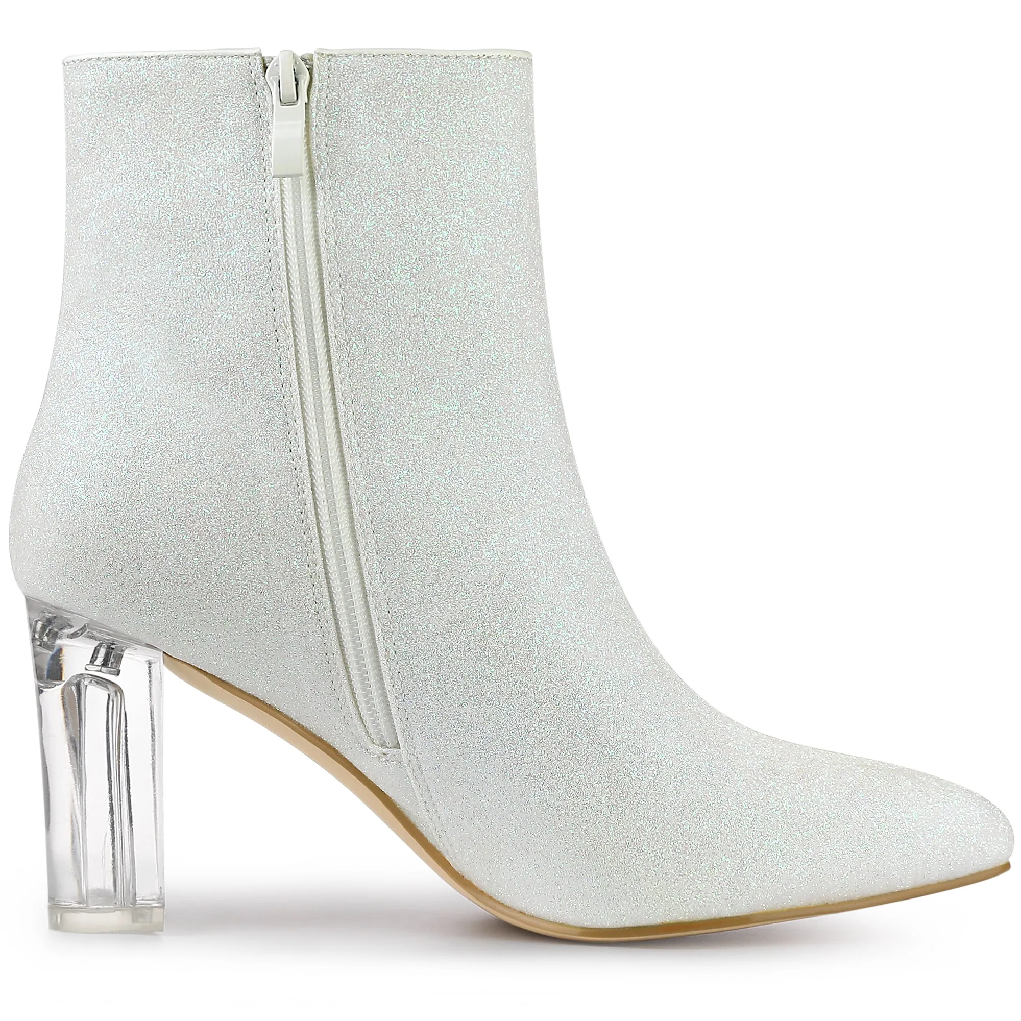 Pointed Toe Clear Block Heel Glitter Ankle Boots