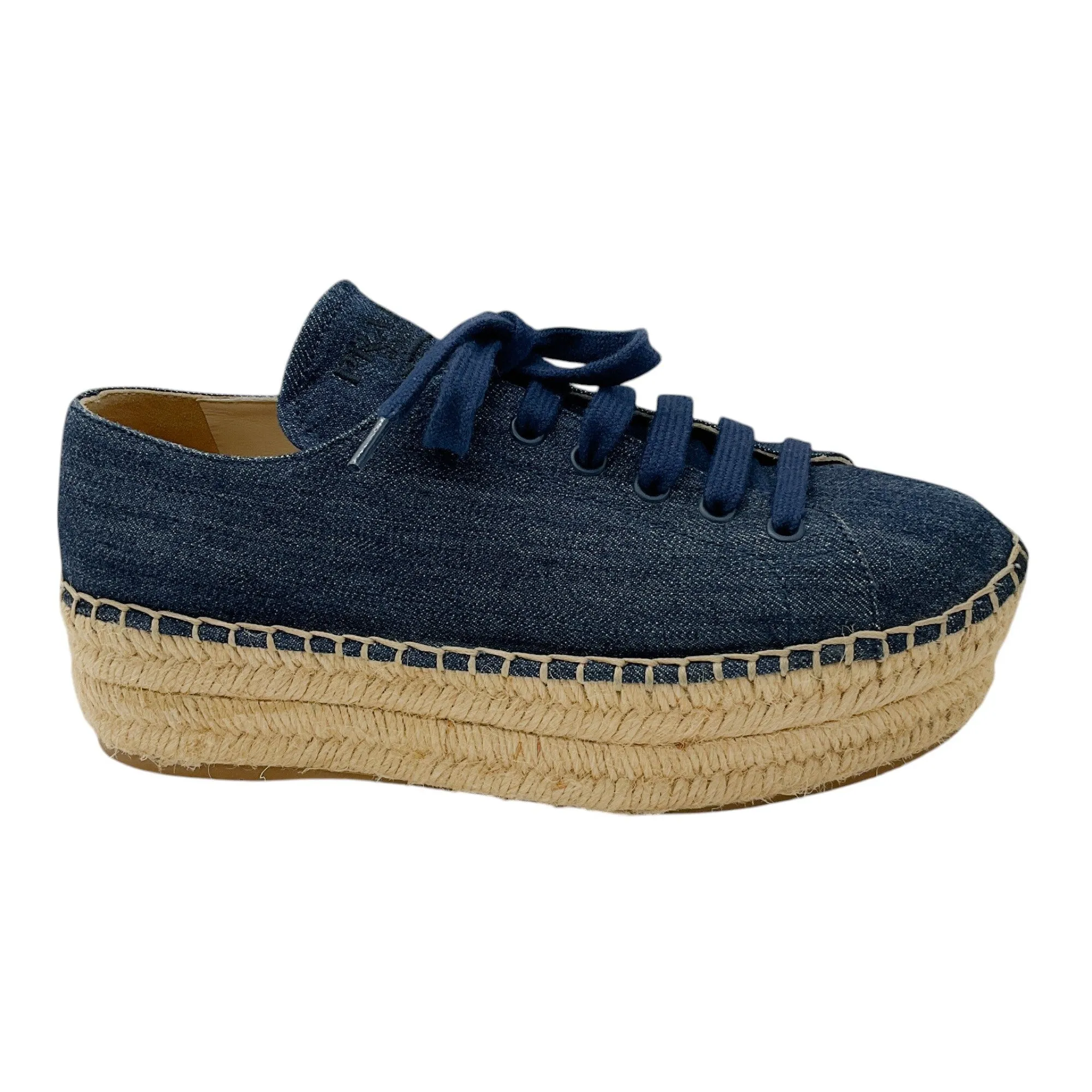 Prada Dark Denim Platform Espadrille Lace-Up Sneakers