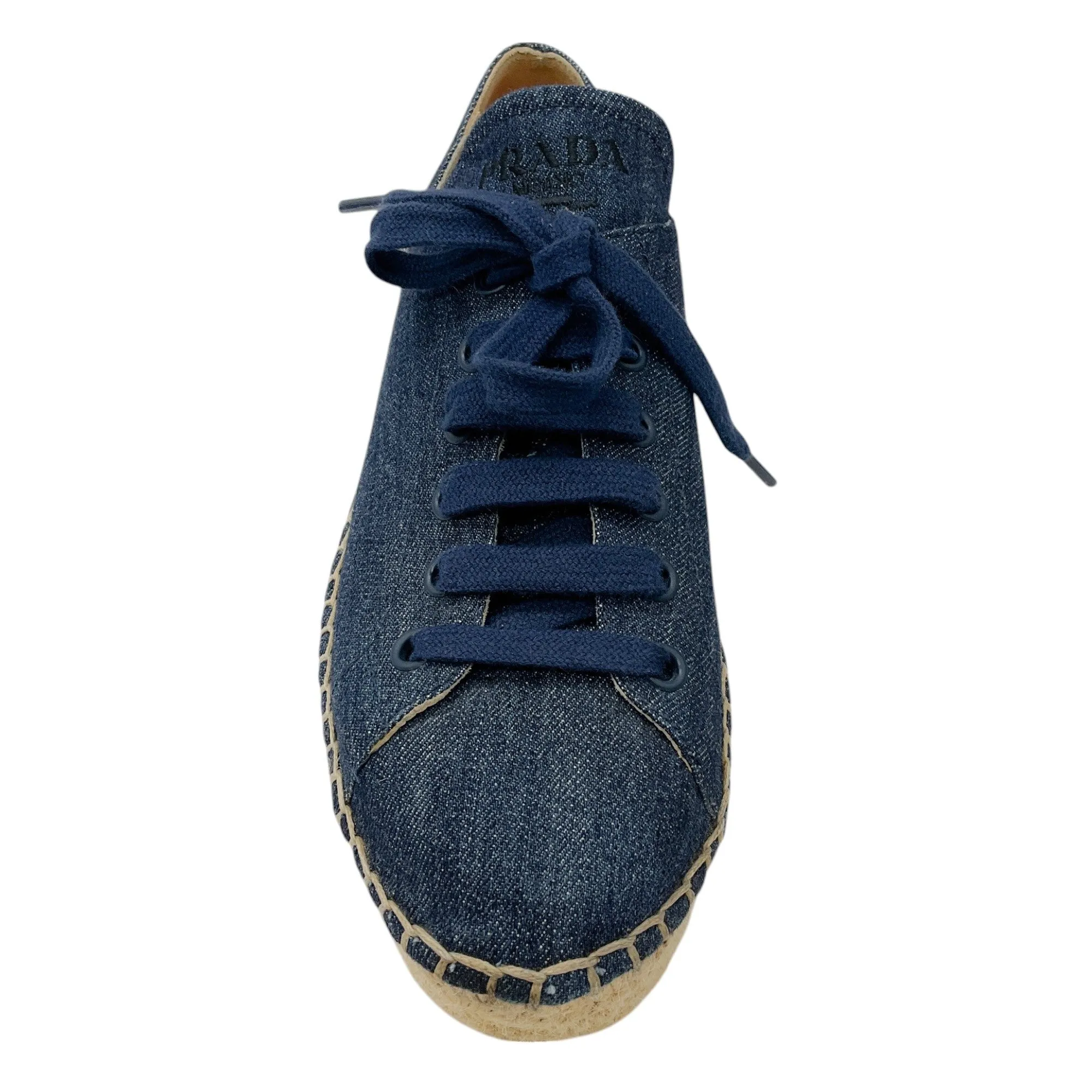 Prada Dark Denim Platform Espadrille Lace-Up Sneakers