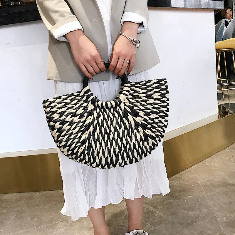 Semicircle Straw Woven Handbag Seaside Vacation Beach Bag