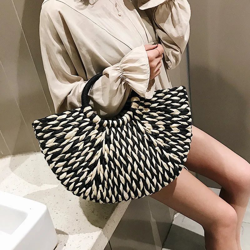 Semicircle Straw Woven Handbag Seaside Vacation Beach Bag