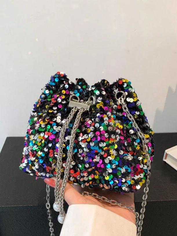Sequin Faux Pearl Decor bucket Bag
