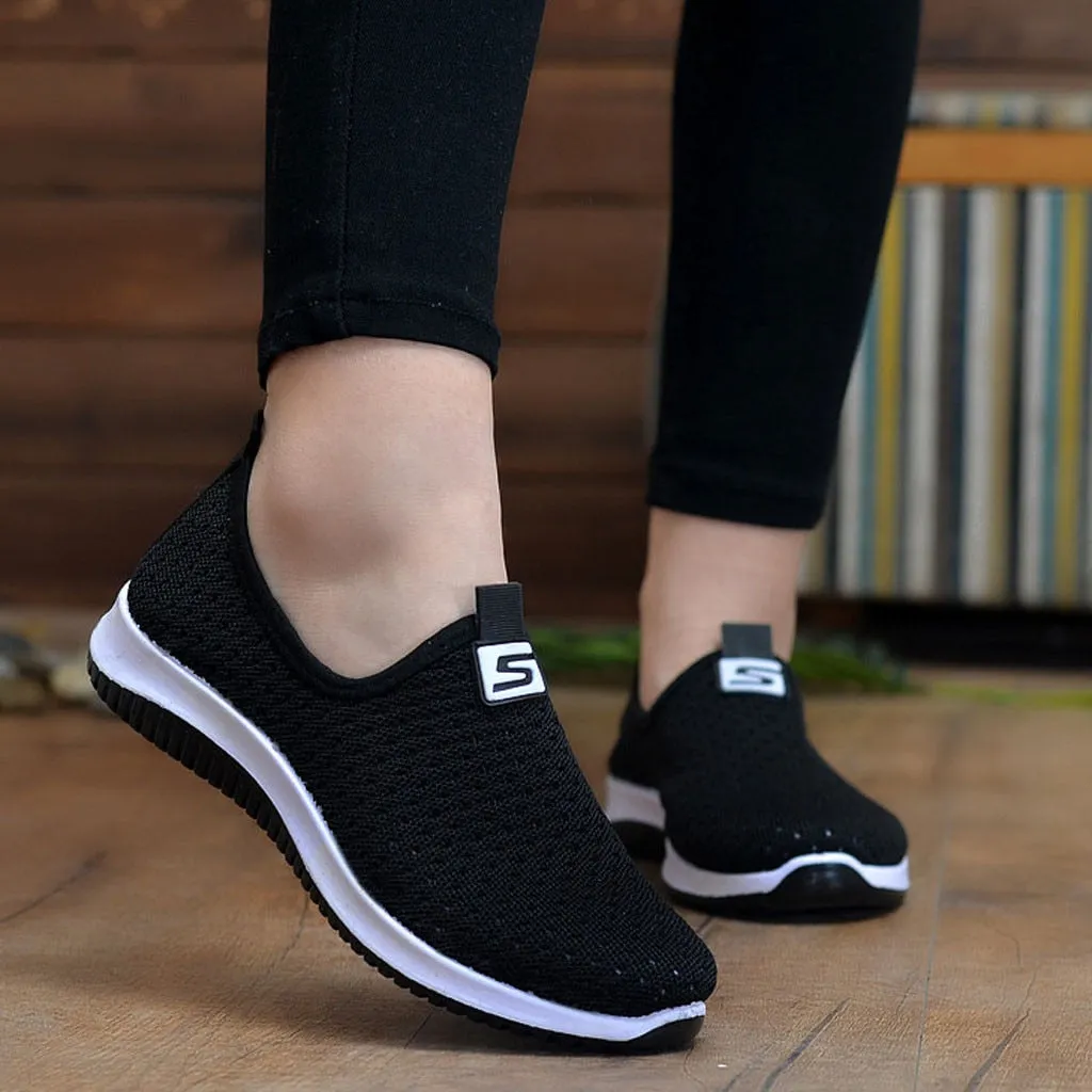 Slip on platform knitting flats soft walking shoes breathable air mesh sneakers