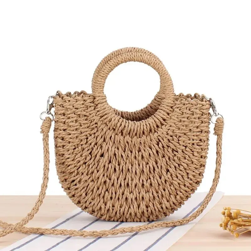 Summer Straw Woven Bags Round Handle Shoulder/ Clutch - Natural or Taupe