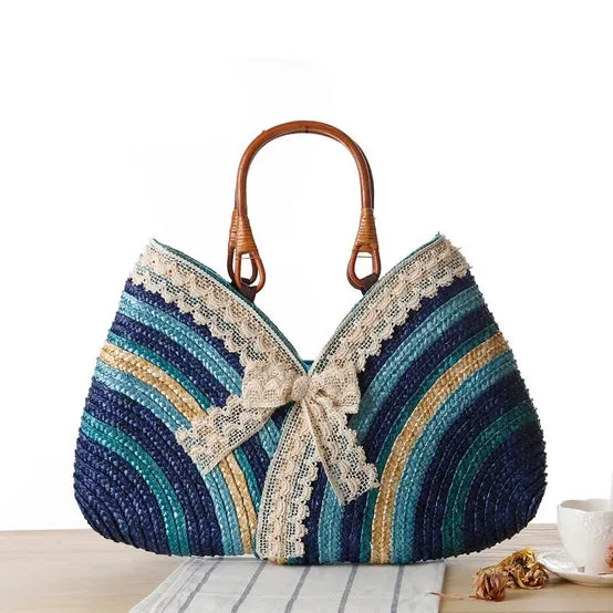 Vintage Lace Bow Designer Straw Bags Summer Travelling Causal Beach Totes Bag Rattan Woven Holiday Women Handbags L60