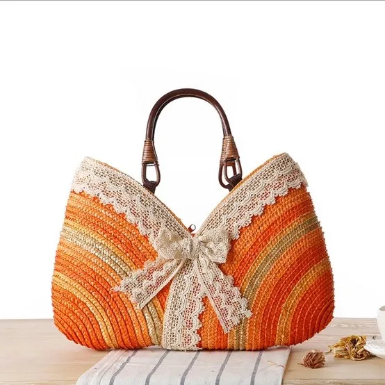 Vintage Lace Bow Designer Straw Bags Summer Travelling Causal Beach Totes Bag Rattan Woven Holiday Women Handbags L60