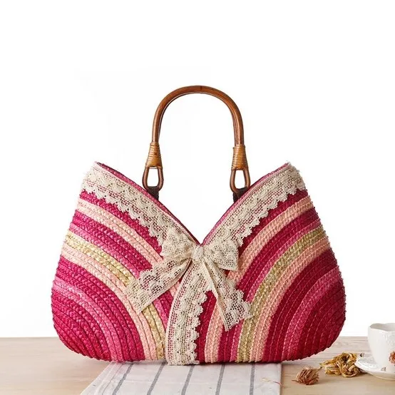 Vintage Lace Bow Designer Straw Bags Summer Travelling Causal Beach Totes Bag Rattan Woven Holiday Women Handbags L60