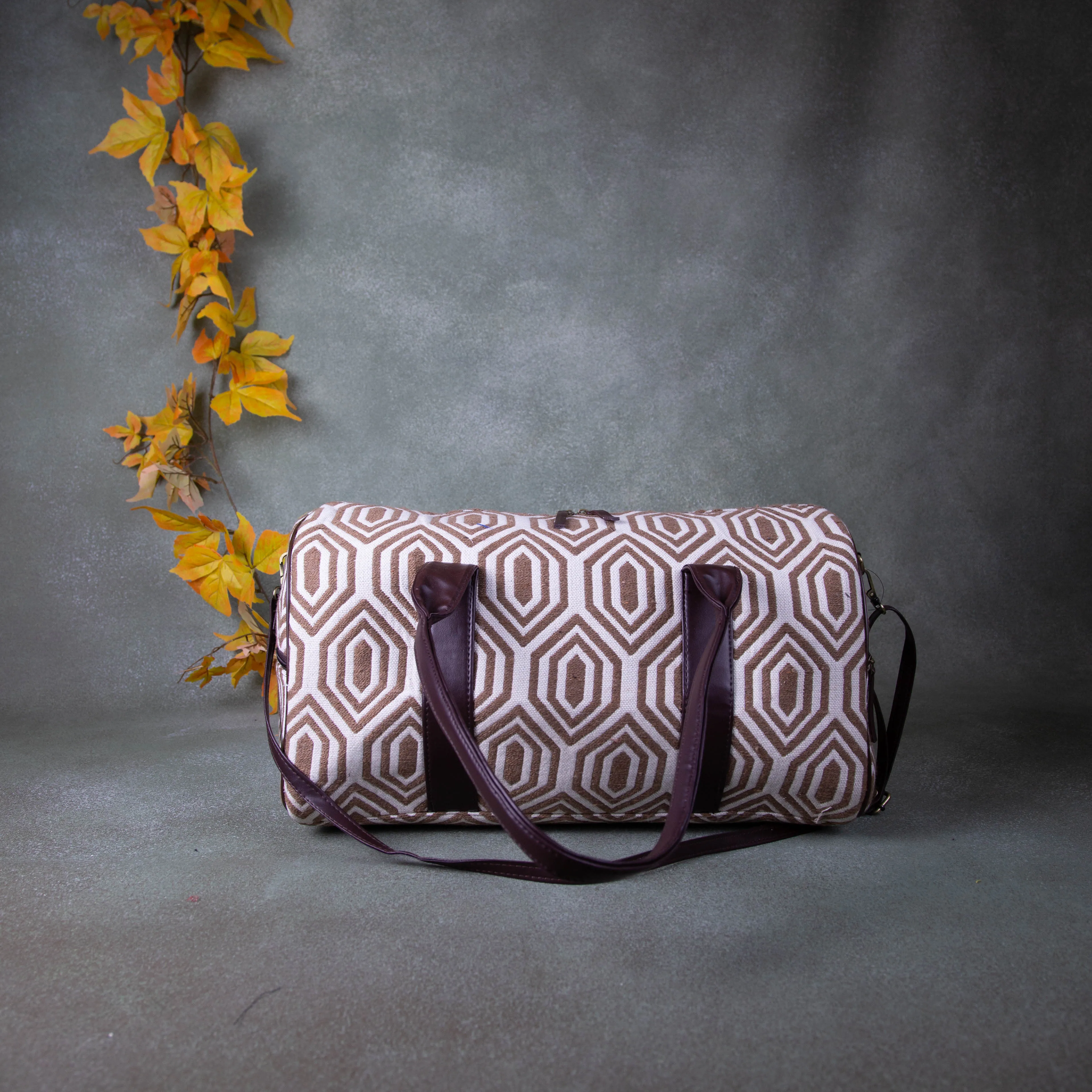 Water-Resistant Travel Bags White with Brown Prints.