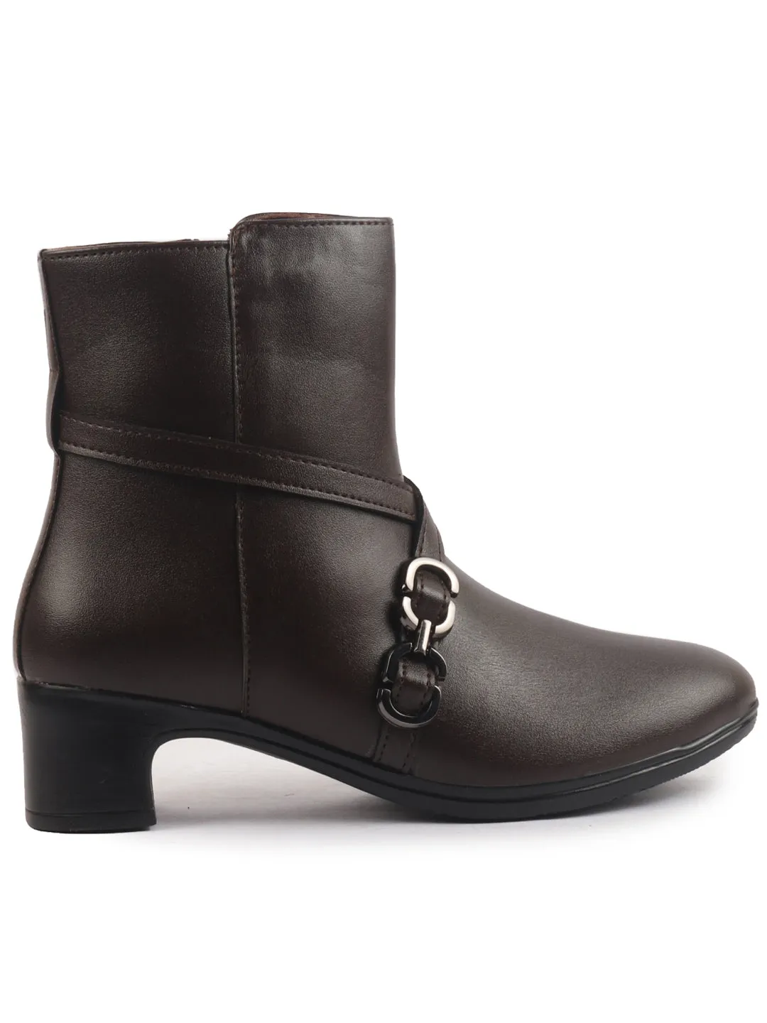 Women Brown High Ankle Elegant Slip On Winter Boots|Flared Heel Casual Shoes for Work|Office