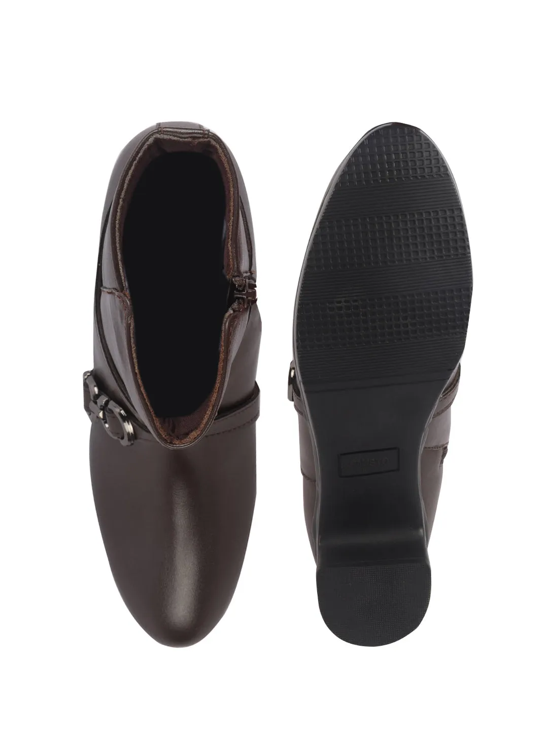 Women Brown High Ankle Elegant Slip On Winter Boots|Flared Heel Casual Shoes for Work|Office