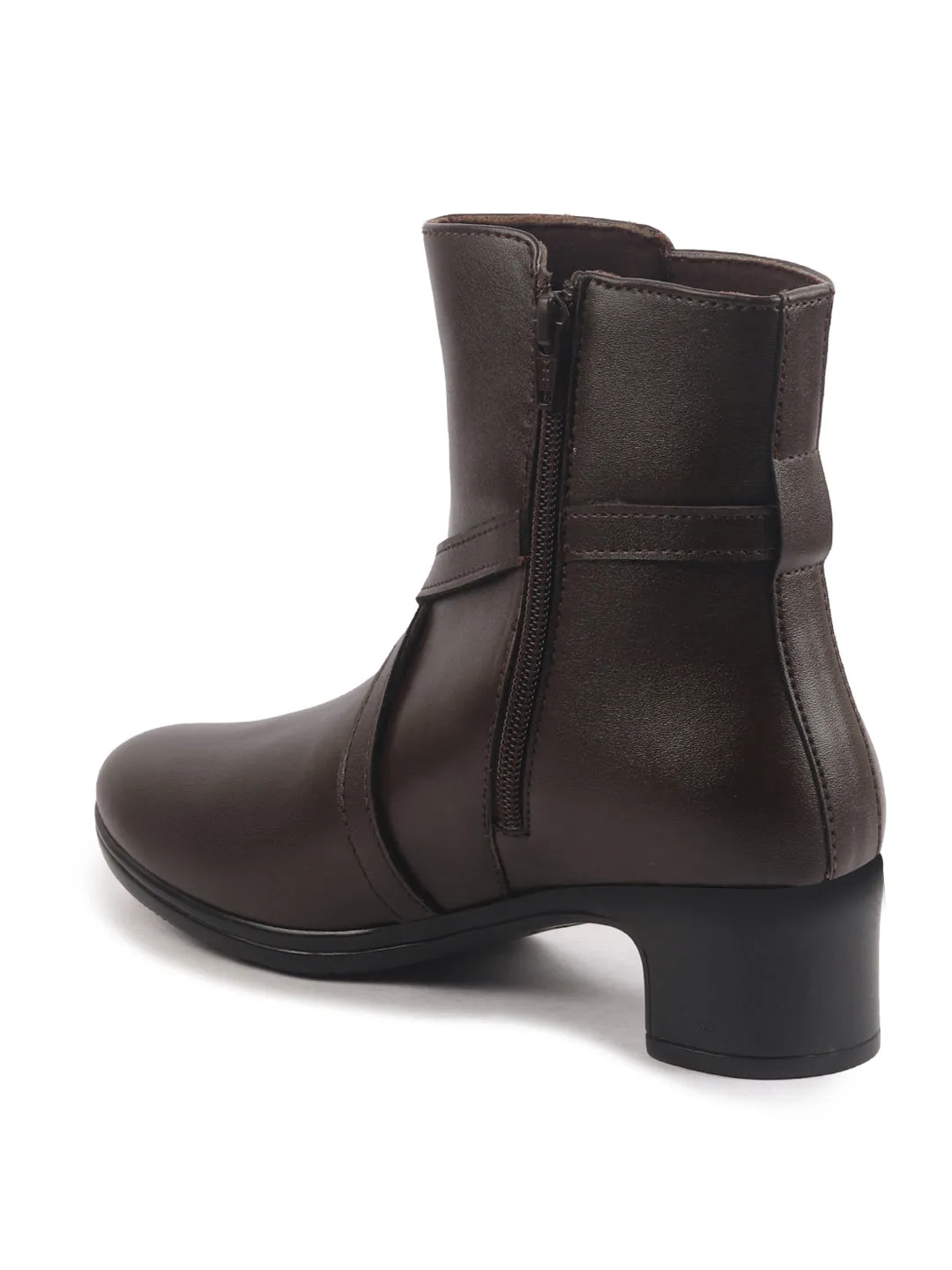 Women Brown High Ankle Elegant Slip On Winter Boots|Flared Heel Casual Shoes for Work|Office